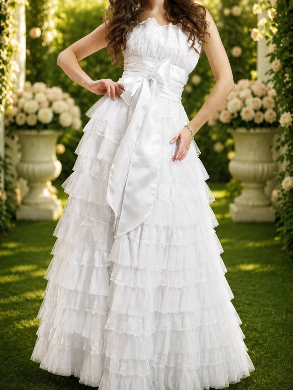 NWT Josh & Jazz White Tiered Bridal Dress With Sash, size 10